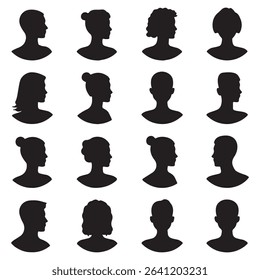 Collection of black silhouette avatars of people with various hairstyles and head shapes