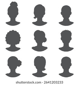 Collection of black silhouette avatars of people with various hairstyles and head shapes