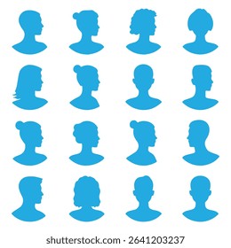 Collection of black silhouette avatars of people with various hairstyles and head shapes