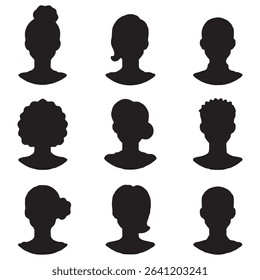 Collection of black silhouette avatars of people with various hairstyles and head shapes