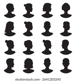 Collection of black silhouette avatars of people with various hairstyles and head shapes