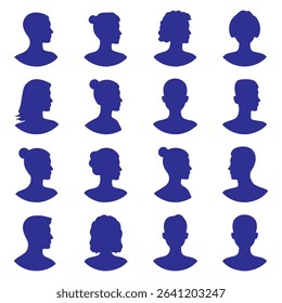 Collection of black silhouette avatars of people with various hairstyles and head shapes