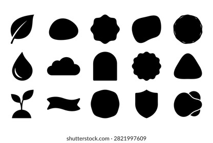 A collection of black silhouette badges and labels featuring leaf, sprout, waterdrop, and cloud shapes, presented on a white background with a distinctive cutout style.