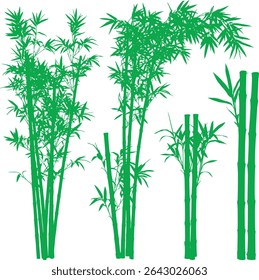 Collection of black silhouette bamboo plants isolated on white background. Various sizes and arrangements of stalks and leaves are shown. Perfect for design projects needing a nature element.