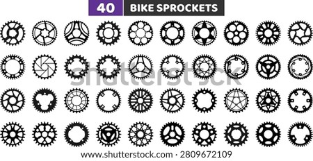 A collection of black silhouette bicycle sprocket gears in a minimalist vector illustration style.