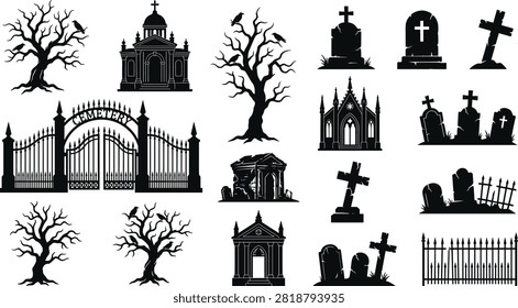 Collection of black silhouette cemetery elements featuring tombstones, grave markers, Gothic chapels, cemetery gates, dead trees, fences, and crosses isolated on a white background. Perfect for Halloween designs, horror artwork, gothic themes, game assets, posters, and spooky vector illustrations.