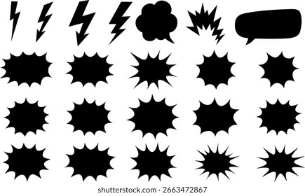 Kollektion von Elementen im Comic-Stil mit schwarzer Silhouette, einschließlich Blitzschlag, Explosionen, Sprechblasen und Bursts für Pop-Art- oder Action-Designs