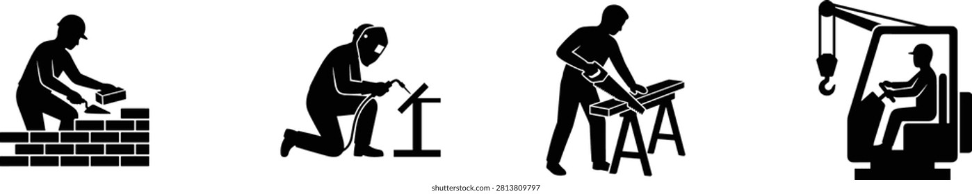 Collection of black silhouette construction worker icons featuring bricklayer, welder, carpenter, and crane operator performing industrial and building tasks. Perfect for construction companies, engineering projects, safety manuals, training materials, websites, mobile apps, and infographic design.