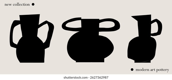 A collection of black silhouette cutouts of modern vases and vessels on a light beige background hand drawn in abstract and minimalist style. Vector home decor, ad, social media illustration poster