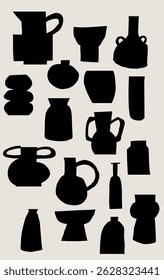 A collection of black silhouette cutouts of modern vases and vessels on a light beige background hand drawn in abstract and minimalist style. Vector home decor illustration poster