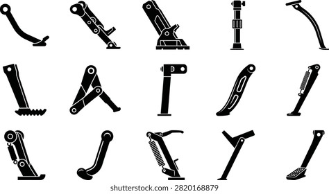 Collection of black silhouette depicting various motorcycle side stands and kickstand components for maintenance