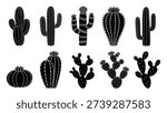 Collection of black silhouette desert cactus plants with spines white background