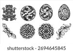 A collection of black silhouette design elements including a stylized frog, two circular designs with dragons, an ornate egg, and two mandala-like circular patterns.