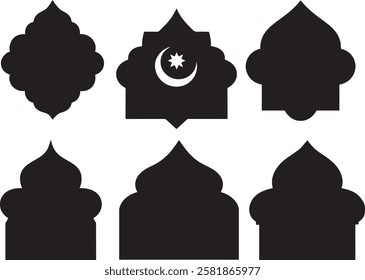 A collection of black silhouette designs, featuring various Islamic architectural motifs, including decorative arches, and a crescent moon and star.