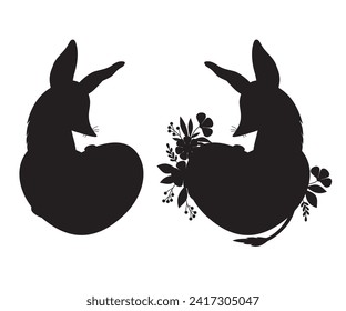 Collection of black silhouette drawing Australian animal bilby with heart and flowers. Valentine enamored character. Isolated Vector hand drawing