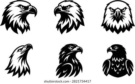 Collection of black silhouette eagle head icons including fierce bird expressions, hooked beak variations, detailed plumage, and bold artistic emblem designs