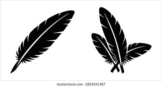 A collection of black silhouette feathers arranged in a single and grouped formation on a white background