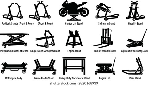 A collection of black silhouette featuring motorcycle maintenance stands, paddock lifts, and workshop repair equipment and tools.