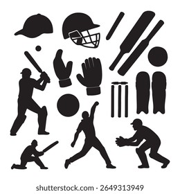 A collection of black silhouette figures representing various cricket players in different actions.