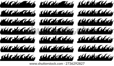 Collection of black silhouette flame borders and decorative fire on white background Keywords