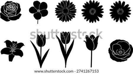 Collection of black silhouette flower including rose tulip lily sunflower and poppy white