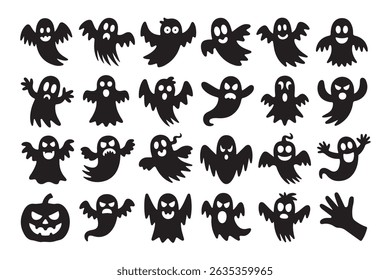 A collection of black silhouette ghosts and pumpkin illustrations for halloween decorations and designs