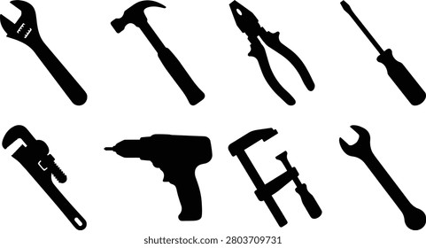Collection of black silhouette hand and power tools including wrench, hammer, pliers, screwdriver, pipe wrench, drill, and clamp. Suitable for construction, repair services, engineering, maintenance, and DIY workshop design projects.