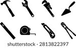 Collection of black silhouette hand tool icons featuring hammer, adjustable wrench, pipe wrench, trowel, spirit level, tape measure, utility knife, and bolt cutter. Perfect for construction, carpentry, plumbing, maintenance, DIY projects, workshops, websites, mobile apps, and infographic design.