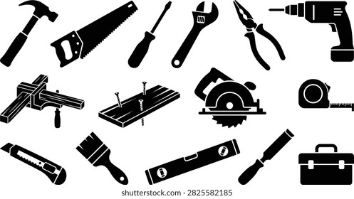 Collection of black silhouette hand tools including hammer saw wrench and drill isolated on white background