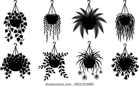 A collection of black silhouette hanging plants featuring trailing vines, ferns, ivy, spider plants, and decorative planters. Suitable for botanical branding, home decor graphics, nursery promotions, gardening projects, stickers, and digital designs.