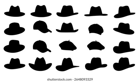 Collection of black silhouette hats in various vintage and modern styles - vector icons or decorative elements for branding, packaging, or layout design