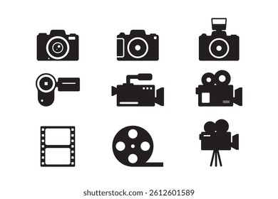 Collection of black silhouette icons depicting cameras, film reels, and other video-related equipment, ideal for use in media, filmmaking, or photography-related projects and designs.