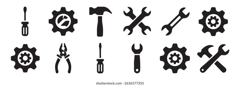 Collection of black silhouette icons depicting various tools and engineering elements