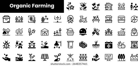 Uma coleção de ícones de silhueta preta retratando vários aspectos da agricultura orgânica, incluindo plantas, ferramentas de jardinagem e equipamentos agrícolas, criando um tema agrícola vibrante.