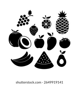 A collection of black silhouette icons depicting various fruits, including apples, bananas, pineapples, and more, ideal for graphic design, food-related projects, or minimalist artistic creations.
