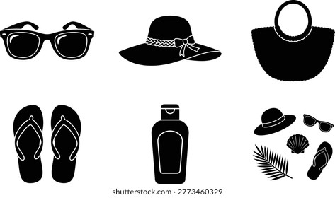 A collection of black silhouette icons depicting essential summer and beach vacation items like sunglasses, hats, flip-flops, a beach bag, and sunscreen.