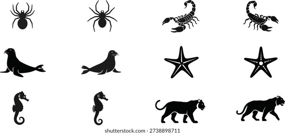 A collection of black silhouette icons featuring various sea and land animals, including scorpion, spider, seal, starfish, seahorse, and lion.