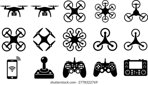 A collection of black silhouette icons featuring various types of quadcopters, hexacopters, octocopters, and different styles of remote controllers for drones.