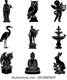 A collection of black silhouette icons featuring various classical statues, mythical creatures, animals, and garden elements on a white background.