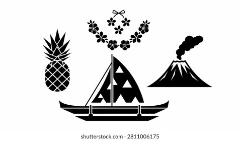 A collection of black silhouette icons featuring a pineapple a traditional Polynesian outrigger canoe a floral lei and an erupting volcano on a white background