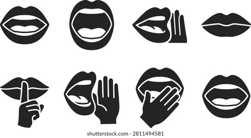 A collection of black silhouette icons featuring human lips and mouths in different poses such as speaking whispering laughing and shushing