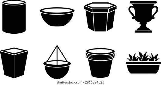 A collection of black silhouette icons featuring various plant pots, planters, and garden containers including cylinder pot, bowl planter, hexagonal pot, urn, square planter, hanging planter, and window box with plants. Ideal for gardening, home decor, and landscaping themed design projects.