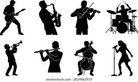 A collection of black silhouette icons featuring various musical performers including a guitarist, saxophonist, violinist, drummer, trumpeter, flutist, cellist, and female singer. Perfect for concert promotions, music school branding, talent show advertising, and live entertainment graphic design layouts.