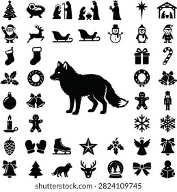 A collection of black silhouette icons featuring a central fox surrounded by various Christmas and winter themed symbols.