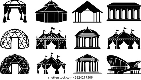 Collection of black silhouette icons featuring event tents, pavilions, domes, gazebos, and architectural structures. Ideal for event planning, venue design, outdoor festivals, construction graphics, maps, websites, and infographic projects.