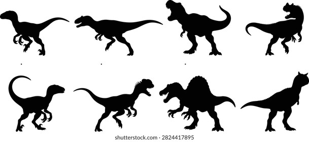 Collection of Black Silhouette Icons Featuring Various Predatory Dinosaur Species Isolated on White Background