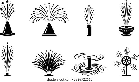 A collection of black silhouette icons featuring various ground fireworks, fountains, and spinning pyrotechnic devices.