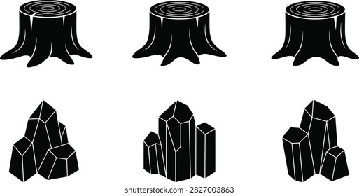 A collection of black silhouette icons featuring tree stumps and rock formations isolated on a white background.