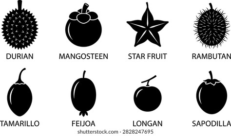 A collection of black silhouette icons featuring various tropical fruits including durian mangosteen star fruit rambutan tamarillo feijoa longan and sapodilla