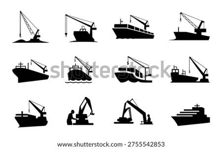 Collection of black silhouette icons featuring various cargo ships tugboats and cranes in different operations and settings on water showcasing maritime and industrial activities